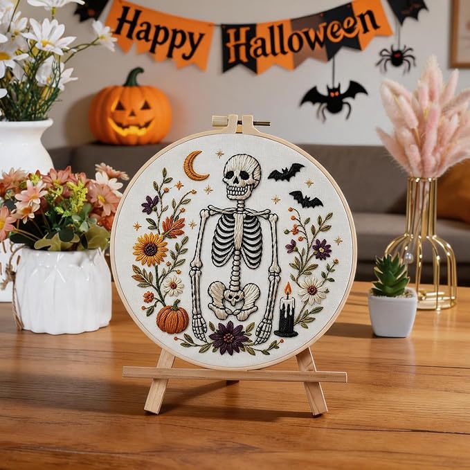 Halloween Embroidery Kit, Skeleton Cross Stitch Kits, 4 Set Craft Kits for Beginners with Pre-Printed Embroidery Fabric, Hoops, Step-by-Step Instructions, Color Threads & Needles (Halloween-4 Set)