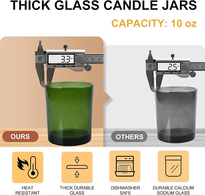 SHOWIN 10 OZ Thick Candle Jars for Making Candles 15 Pcs, Empty Jars with Wood Lids for Candle Making, Sample Container, Clear Green