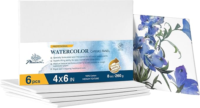 PHOENIX Watercolor Canvases for Painting - 4x6 Inch/6 Pack, 100% Cotton Water Color Small Canvas Panels, 8 Oz. / 260g White Blank Medium Texture Flat Canvases for Water Based Paints