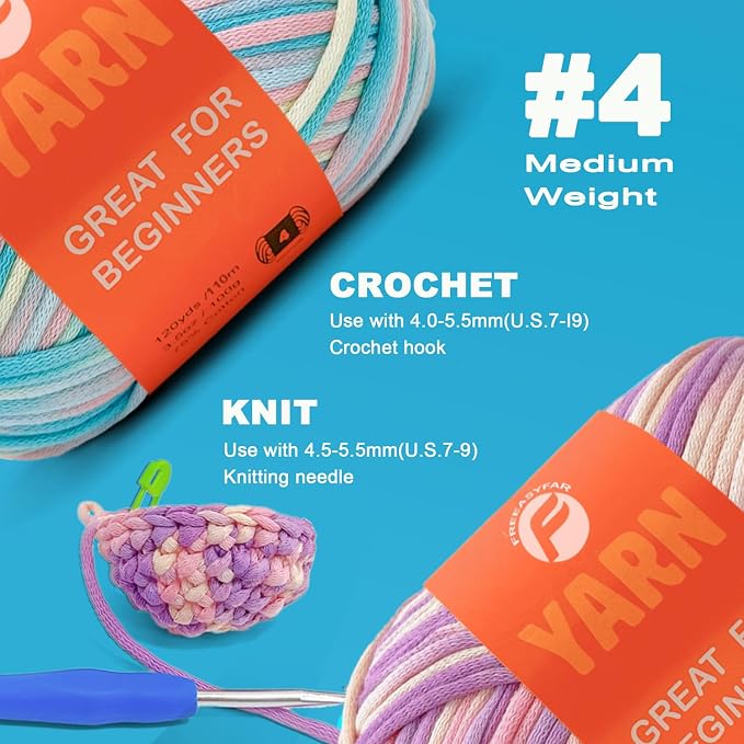 2 x 3.5Oz/120yds Beginner Easy Yarn for Crocheting and Knitting;Worsted-Weight Medium #4;Cotton Blend Yarn for Beginners Amigurumi DIY(Periwinkle+Blue,2 Skein)