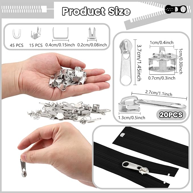 DOITEM 20Pcs Silver Zipper Repair Kit Zippers Replacement 5# Zipper Pull Rescue Kit for Clothing Jackets Purses Luggage Backpacks