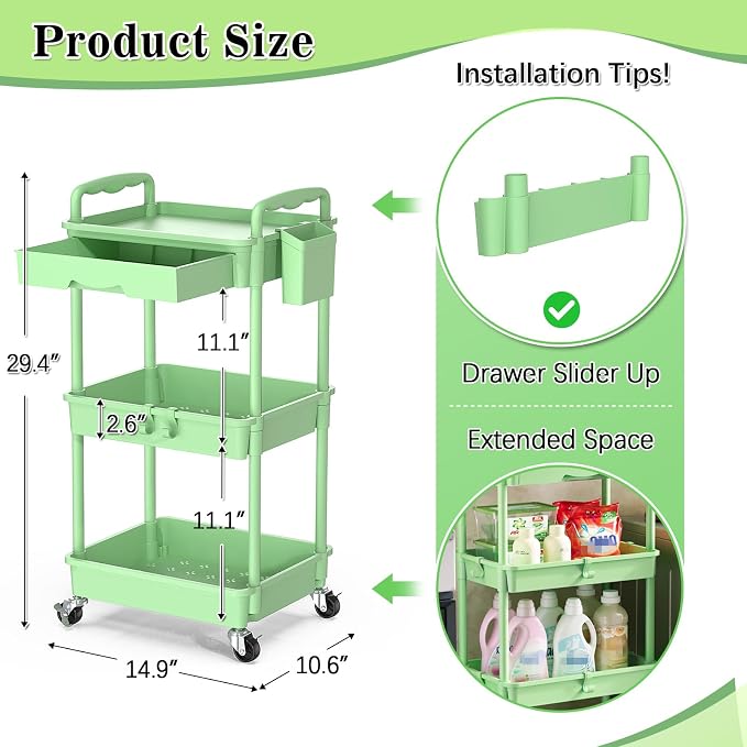 SUNALLY 3 Tier Rolling Cart with Drawer, Craft Storage Cart Organizer,Green