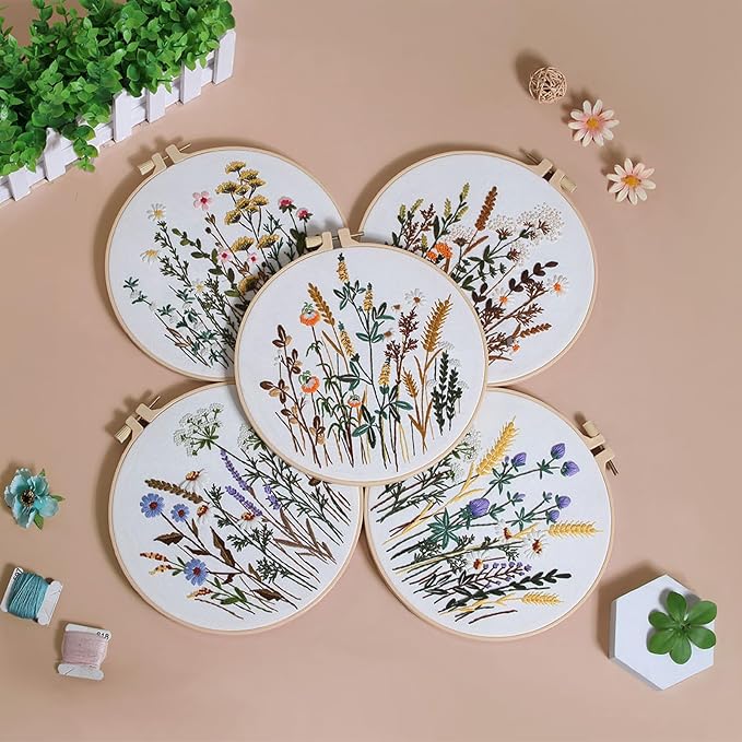 GLTAYLMY Flower Embroidery Kit for Beginners with Pattern and Instructions,3 Pack Cross Stitch Kits,1 Plastic Embroidery Hoops,Threads and Needles,Needlepoint Kit for Adults