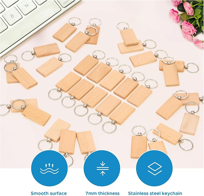 OMTech Wooden Keychain Blanks, Wood Key Chain Bulk, Unfinished Wooden Key Rings Key Tags for Laser Engraving DIY Craft Gift
