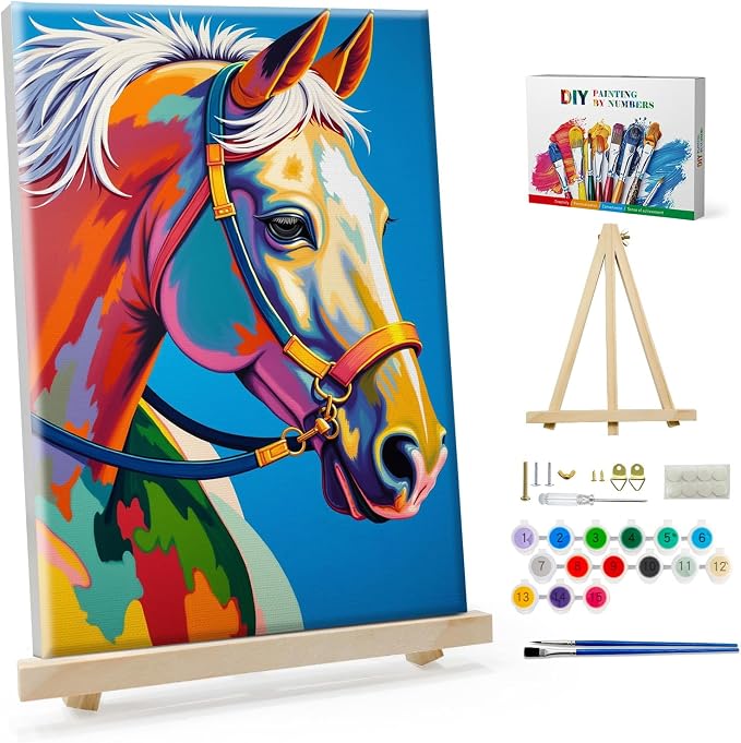 SparkGlow Horse Paint by Numbers Kit for Adults with Frame, 8×12 Inch | Easy Paint by Number, Include Easel, Premium Canvas, Relax and Fun Activities, Number Painting for Gift, Wall Decor