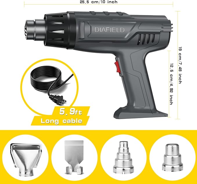 DIAFIELD 1850W Heat Gun with Dual Temperature Settings 572.0 °F & 1202 °F | Fast Heat Hot Air Gun, Durable& Overload Protection, with 4 Nozzles for Shrink Wrap, Vinyl, Crafts, Epoxy Resin