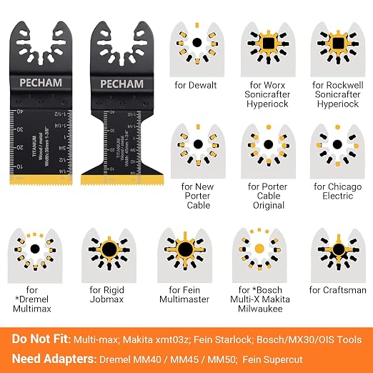 PECHAM 11PCS Titanium Oscillating Tool Blades, Universal Oscillating Multitool Blades Metal Cutting Quick Release for Hard Material Metal Nails Wood Plastic fit More Oscillating Tools