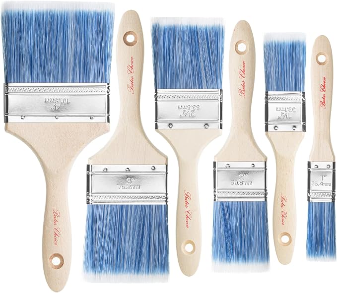 Bates- Paint Brushes, 6 Pack, 1", 1.5", 2", 2.5", 3", 4", Wooden Handle, Flat Wall Paint Brushes for Walls, Furniture