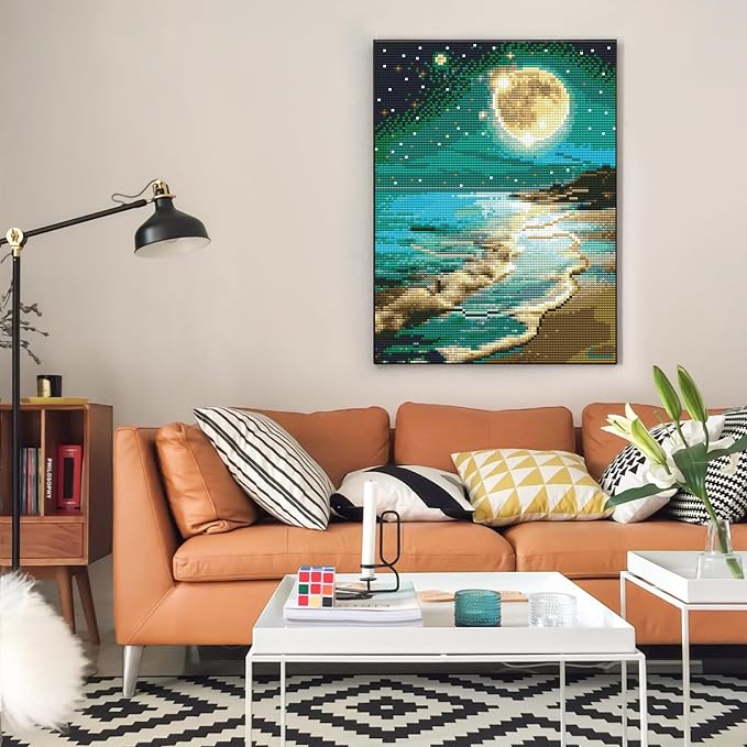 Diamond Art Kits for Adults, Beach DIY 5D Diamond Painting for Beginners | 12x16 Inch, Full Drill Round Dots, Seaside Moon Gem Art Craft Kits, Home Wall Decor, Stress Relief Relaxing Hobby Gift