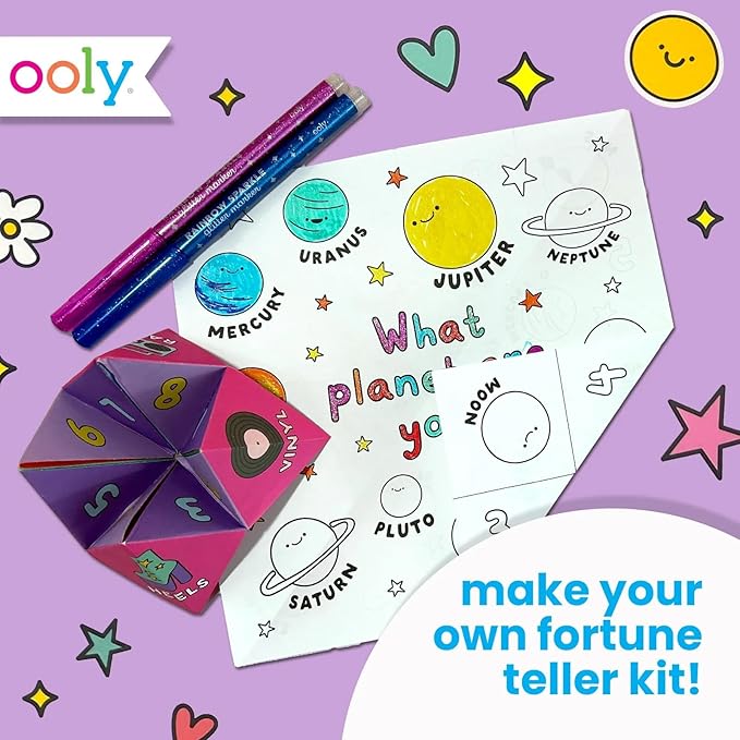 Ooly DIY Origami Fortune Teller Kit, Cootie Catcher, 24 Designs & Stickers | Ages 6+, Includes 12 Completed, 6 Blank, and 6 Coloring Folding Fortune Tellers, Fun Screen-Free Craft Activity Gift for Kids