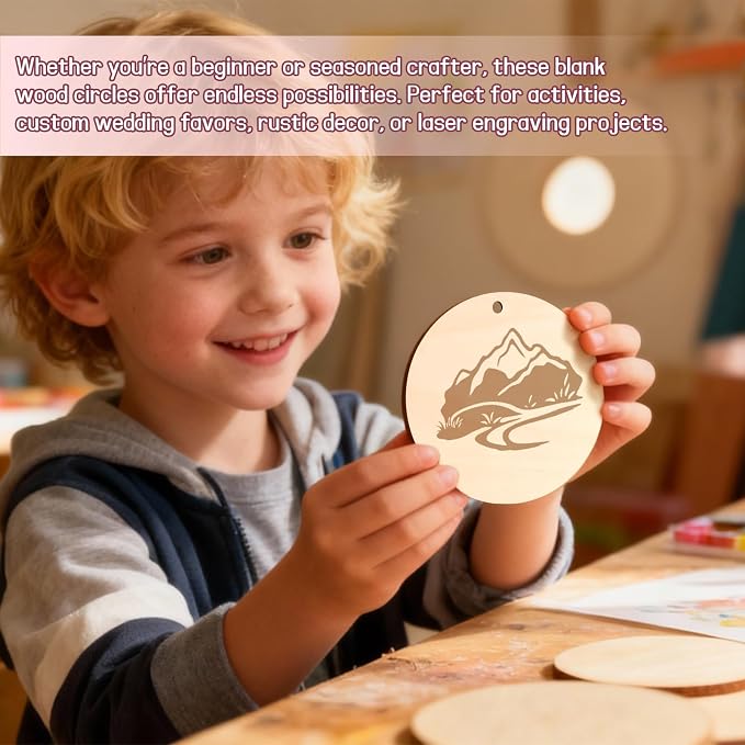 FSWCCK 50 PCS 4 Inch Wood Circles for Crafts – Round Blank Discs with Holes, Unfinished Wooden Cutouts for DIY, Painting, Staining, Coasters,Laser Engraving Sign Blanks, Ornament (4inch-50 Pack)