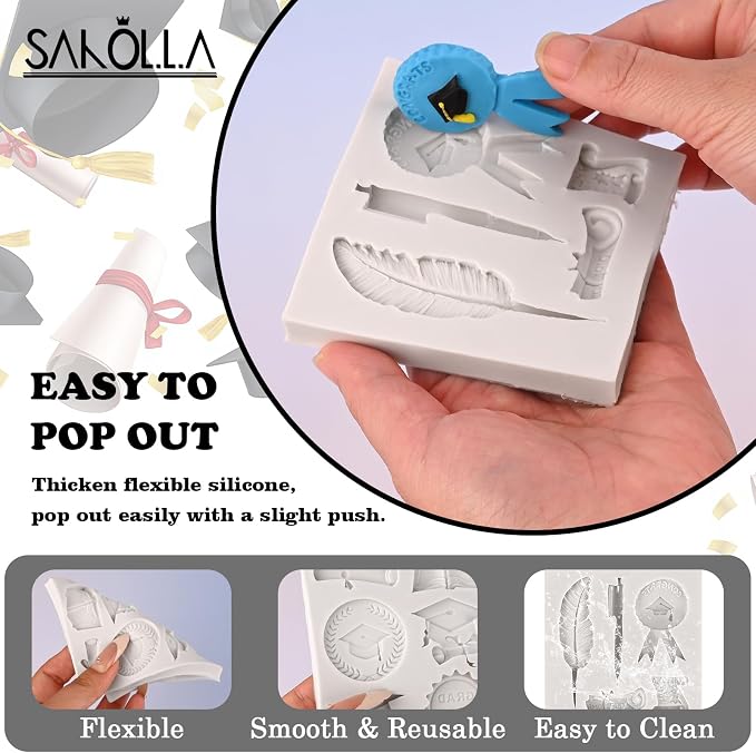 Sakolla 2 Pack 2026 Graduation Candy Chocolate Molds, Doctoral Cap Diploma Scroll Badge Pen Shape Fondant Silicone Molds for Party Cake Decoration（Mini/Grey）
