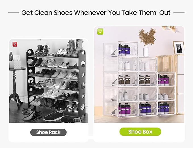 Kuject X-Large Shoe Storage Boxes 12 Pack, Clear Stackable Shoe Organizer