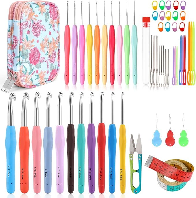 Vodiye 21 Sizes Ergonomic Crochet Hooks Set 0.5–10.0mm with Case, Soft Grip Crochet Needles for Crocheting Comfort