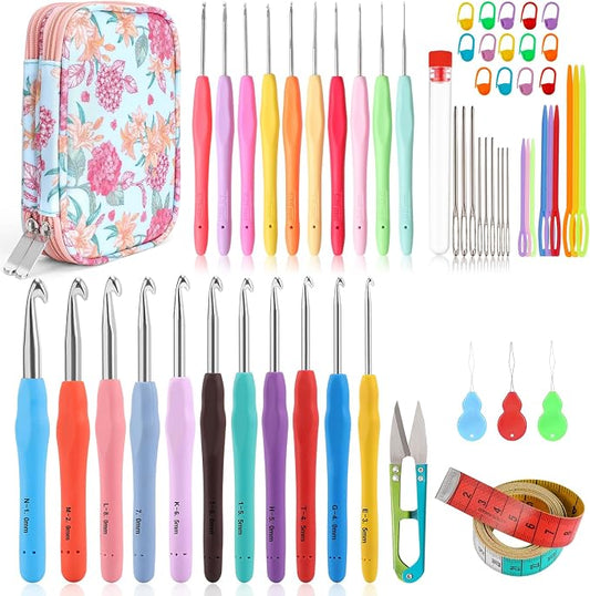 Vodiye 21 Sizes Ergonomic Crochet Hooks Set 0.5–10.0mm with Case, Soft Grip Crochet Needles for Crocheting Comfort