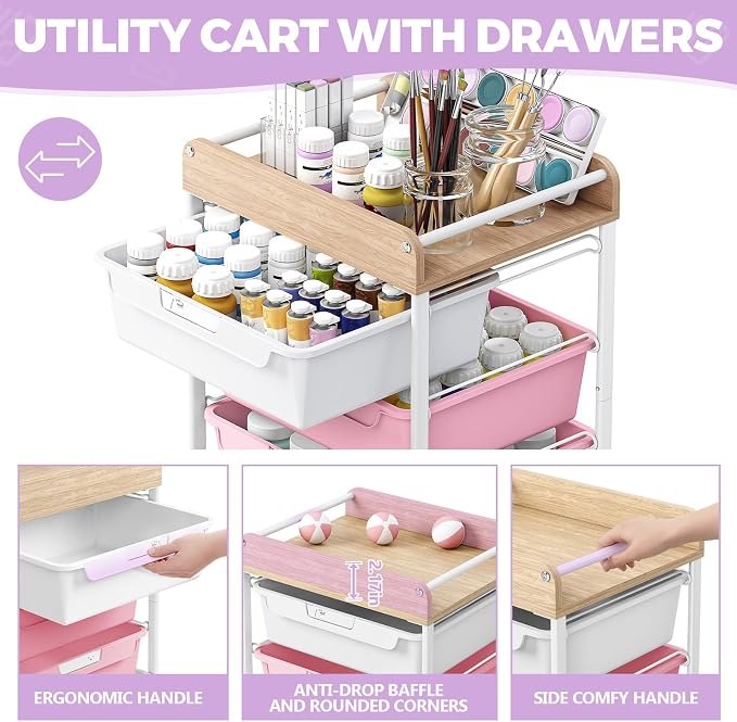 SYKIARIOL Utility Cart with 5 Labeling Drawers and Wooden Tabletop,Purple | Rolling Storage Cart for Crafters, Artists, Kids, Teachers, and Students – Organize Arts, Crafts, Sewing & Study Supplies