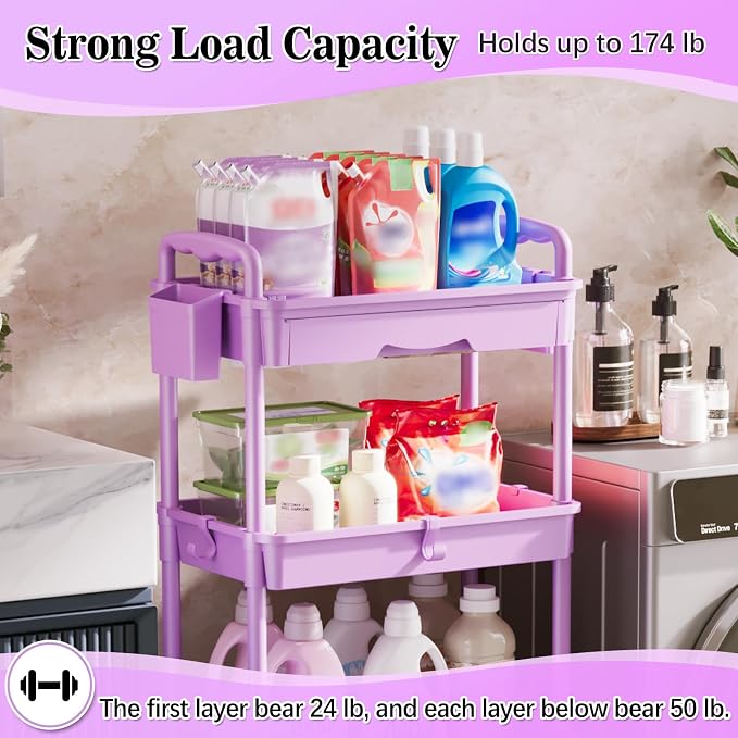 SUNALLY 4 Tier Rolling Cart with Drawer,Craft Storage Cart Organizer,Purple