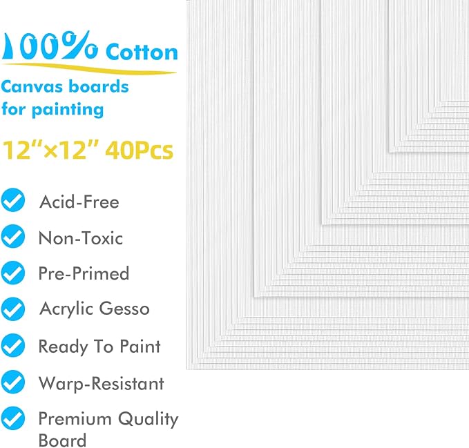 Gotideal Canvas Boards for Painting, 40pcs 12x12 Primed Canvas for Painting | Bulk Painting Canvas for Kids and Adults, White Blank Canvas Panels for Acrylic, Oil, Pour Art Supplies
