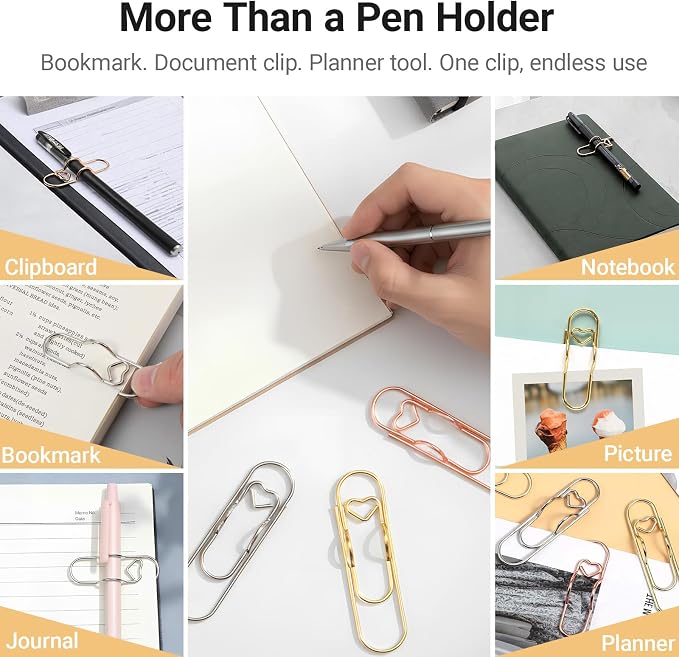 Heart Paper Clip Pen Holder for Notebooks, 9-Pack Metal Pen Clip