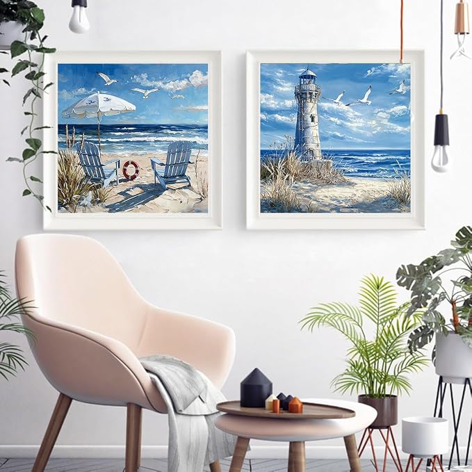 Clendo 4 Pack Beach Paint by Numbers Kit for Adults Beginners Framed - DIY Coast Adults Paint by Numbers Kits on Canvas, Small Easy Acrylic Oil Painting for Home Wall Decor (8 x 8 Inch)