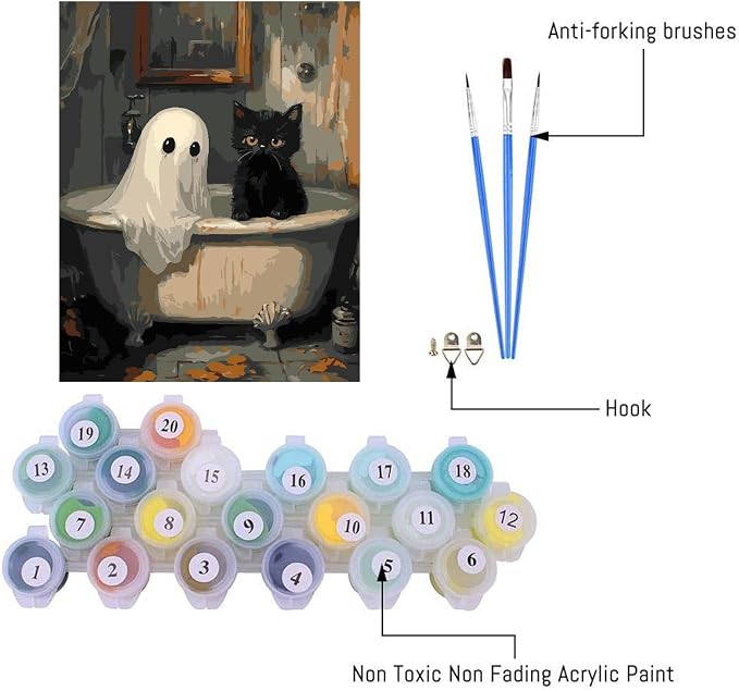 Clendo Halloween Paint by Numbers Kit for Adults, Ghost Oil Painting by Numbers with Brushes, Black Cat Art and Crafts Canvas Kit for Beginner Home Decor 16x20 inch / 40x50 cm