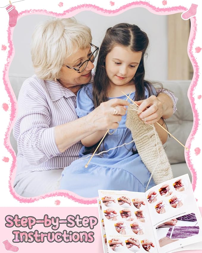 Katech Knitting Kit for Beginner Adults W/Socks Step-by-Step Instruction | 4 Pcs Socks Yarn Knitting Kit w/ Knitting Needles, Knitting Starter Kit for Learn to Knit Sock Kits Gift Gray-pink