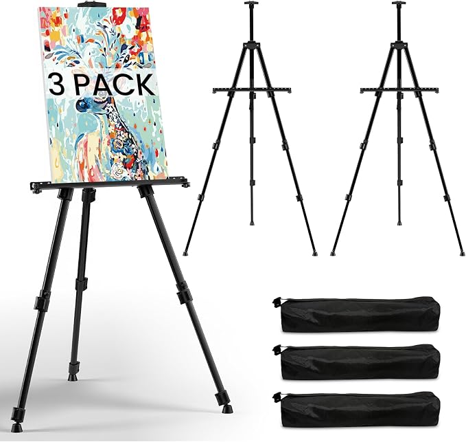 RRFTOK 3 Pack 17-66 Inch Art Easel Stand for Painting and Sign, Black | Portable folding metal tripod easel for display stand, canvas holder, adults, floor, sign, poster board and travel use