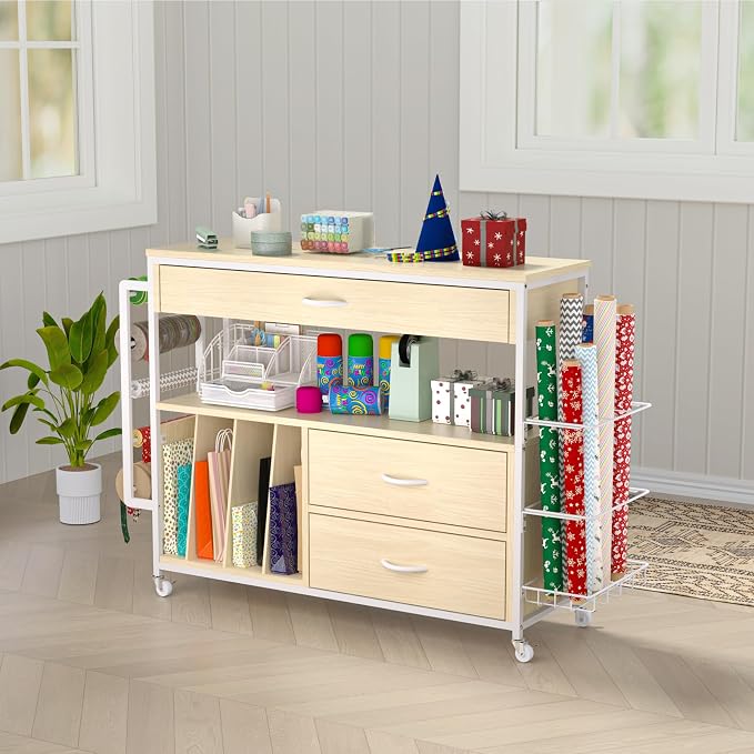 Wrapping Paper Storage & Organizer, Craft Cart with Ribbon & Gift Bag Storage, Wrapping Paper Organizer Holder(3 Wooden Drawers- Oak)