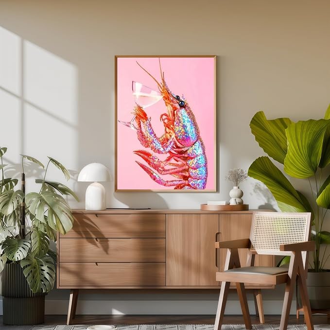 5D Pink Lobster Cocktail Diamond Art kits for Adults Beginners 12x16in | Diamond Painting Kit DIY Full Round Drill Paint by Diamonds Dot Gem Art for Adult, Home Wall Decor