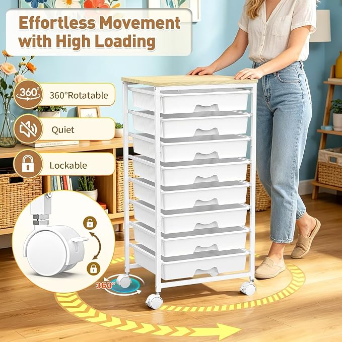 SUNALLY Rolling Cart With 8 Drawers,Storage Drawer Cart for Craft Art,White | Storage Utility Cart with Wooden Tabletop & 2 Lockable Wheels, Teacher Storage Cart for Classroom School Storage, Makeup,Nail