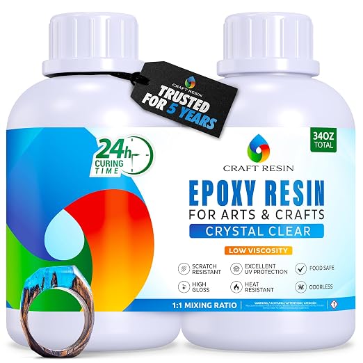 Craft Resin Crystal Clear Epoxy Resin Kit - Food Safe, UV Resistant - 34 Oz | Low Viscosity, Self Leveling Casting Resin Epoxy for DIY Art, Wood, Jewelry Making, Coasters & Molds