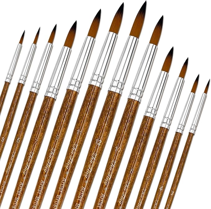Paint Brushes Set, 12 Pcs Watercolor Brushes with Wooden Handle and Soft Nylon Hair Pointed Round Tips Artist Brushes for Acrylic Oil Watercolor Gouache (Brwon)