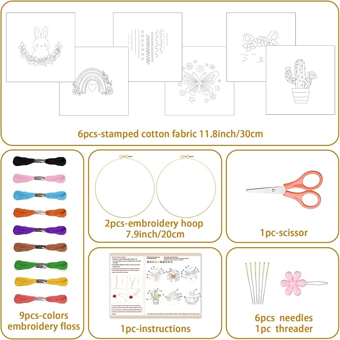 BEUNITONE 6Pcs Easy Embroidery Kit for Adults Beginners, Simple Cross Stitch Starter Set for Beginners, Cute Animal Rainbow Butterfly DIY Craft Activity for Home Decor and Festival Gifts 20x20cm