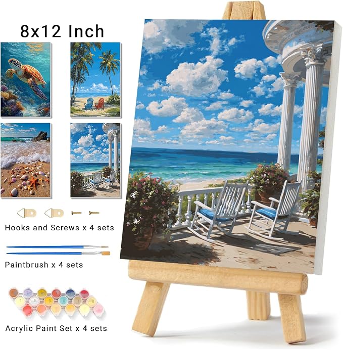 4 Pack Beach Framed Paint By Numbers Kit for Adults Beginner Sea Turtle Adult Paint By Number Kits on Canvas Painting By Numbers for Adults with Frame Diy Painting Kits for Home Wall Art 8x12 Inch