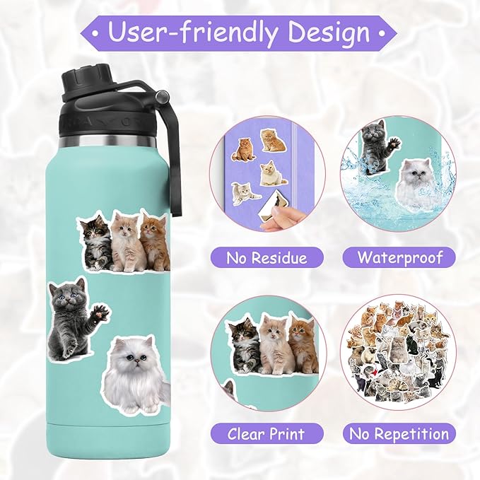 100 Pcs Cat Stickers for Water Bottles Laptop Guitar Suitcase