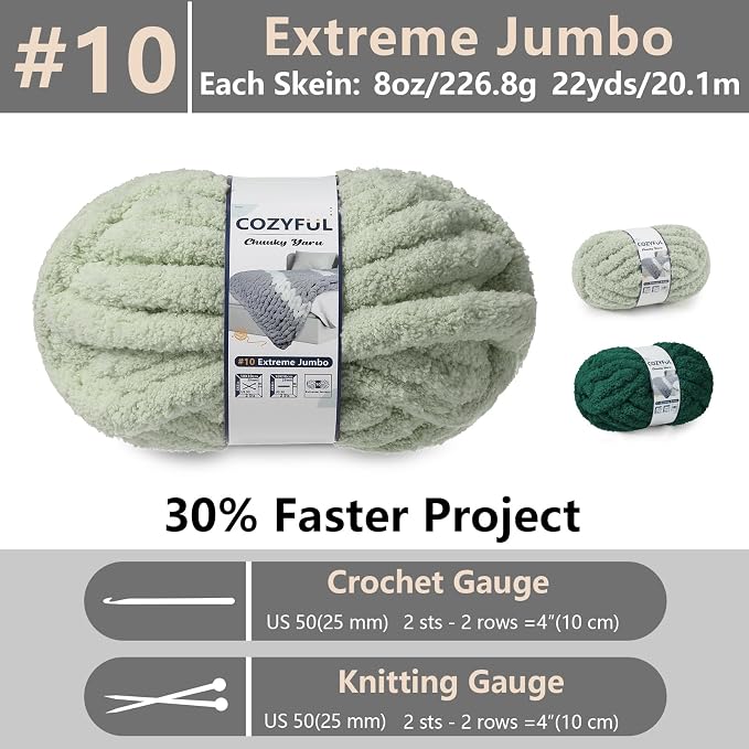 Cozyful Chunky Yarn for Hand Knitting - #10 Chunky Chenille Yarn, Jumbo Big Thick Chunky Yarns for Crocheting, Super Bulky Chunky Knit Blanket Yarns, 8 Skein (22yd, 8oz/Skein), Sage & Forest