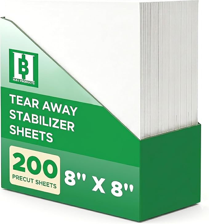 HBI Tear Away Embroidery Stabilizer Sheets, 8 x 8 in, 200 Pack | 1.8 oz tearaway backing, machine and hand embroidery, tears clean, fits all hoops and machines, white, made in USA