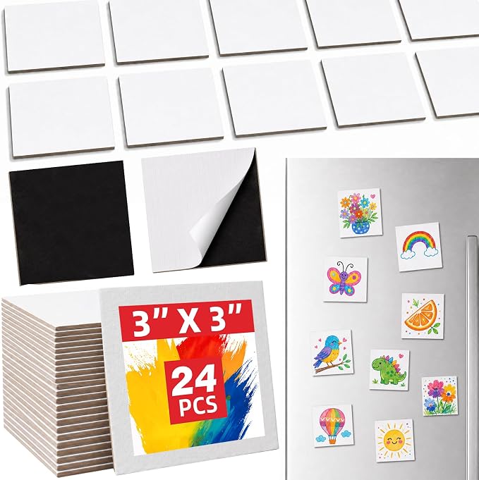CONDA 24 Pack 3x3IN Mini Magnetic Canvas Panels, Small Canvases for Painting for Oil, Acrylic, Pouring Watercolor & Art Crafts DIY