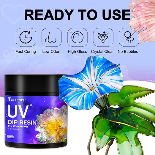 Teexpert UV Dip Resin for Wire Flowers, 2 Pack 100g Each (200g Total), Crystal Clear Thick Formula, Fast Cure UV Resin for DIY Jewelry, Crafts & Floral Design