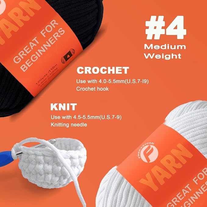 2 x 3.5Oz Yarn for Crocheting and Knitting;Worsted-Weight Medium #4;Cotton Blend Yarn for Beginners with Easy-to-See Sitches,Great for Amigurumi DIY (Black+White)
