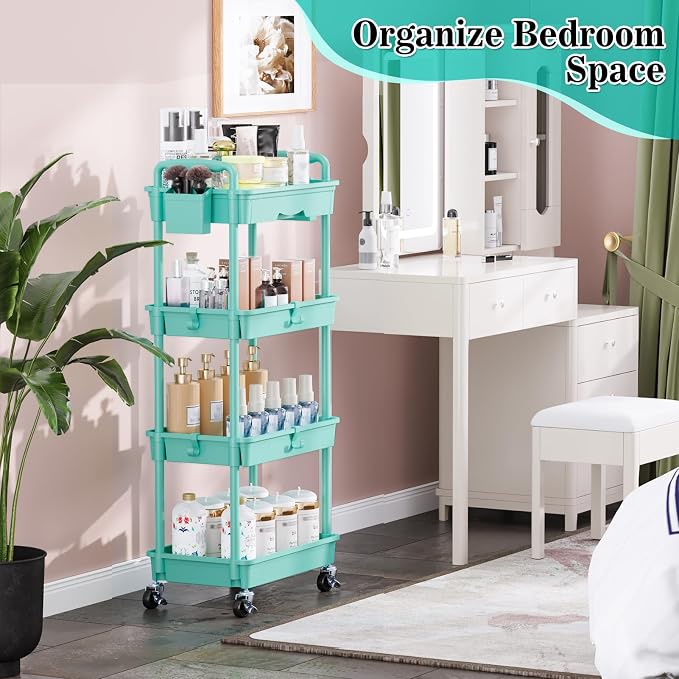 SUNALLY 4 Tier Rolling Cart with Drawer, Craft Storage Cart Organizer, Blue