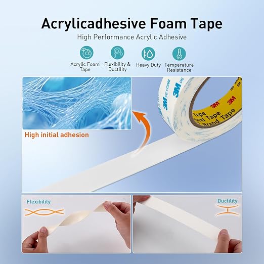 3M Double Sided Tape, 3/4" x 18Ft Foam Tape, 1600T, White, 2 Pack