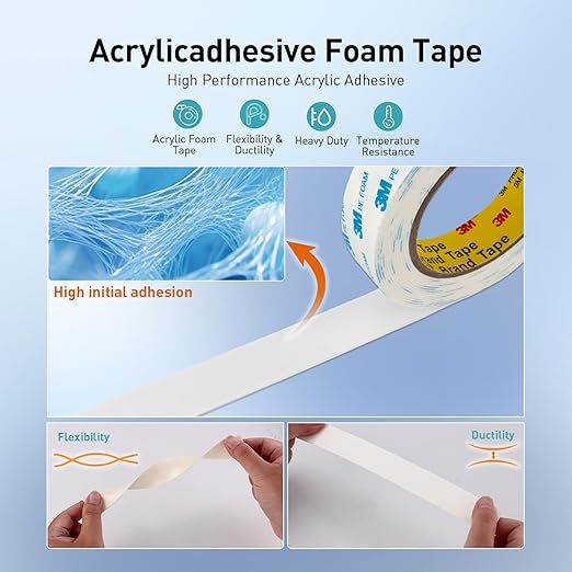 3M Double Sided Tape, 3/4" x 18Ft Foam Tape, 1600T, White