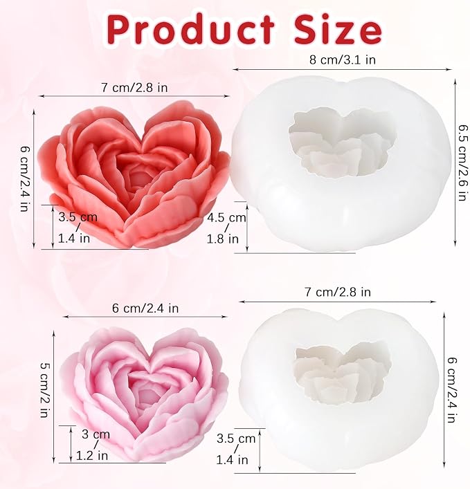 2 Pcs Rose Candle Molds, 3D Heart Rose Flower Silicone Molds, Valentine’s Day Heart Resin Casting Mold for DIY Soap Candle Wax Melt