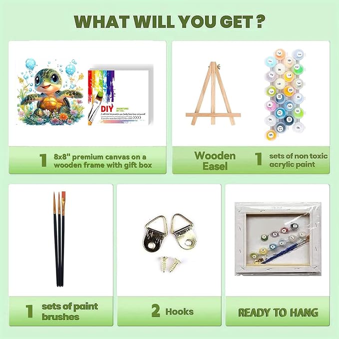 cviokrdu Turtle Paint by Numbers Kit for Kids with Frame - Wooden Easel, Sea Turtle Paint by Numbers for Kids Ages 4 8 12, Easy Acrylic Oil Painting Kits for Home Wall Decoration 8x8 inch