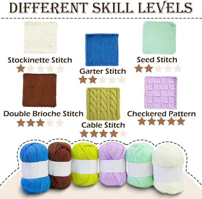 Lewhoo Knitting Kit for Beginners, 6 Patterns Dishcloth Learn to Knit Kit | Step-by-Step Instruction,Complete Knit Starter Kit -Including Yarn, Knitting Needle&Accessories