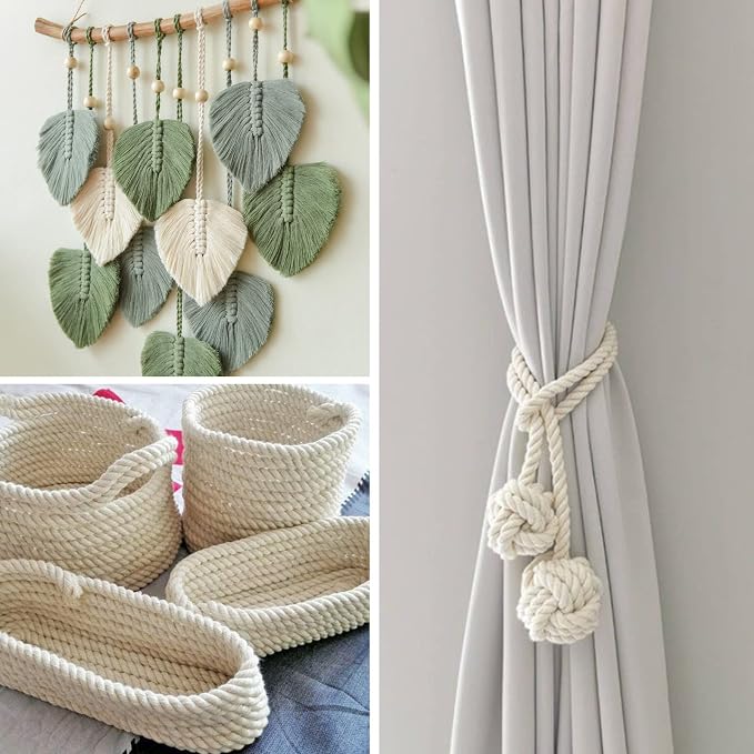 NOANTA Natural Macrame Cord 3mm x 220Yards, Beige Cotton Rope Macrame Yarn | Macrame Rope Supplies, 3 Strand Twisted Cotton Yarn String, Cotton Cord for Wall Hanging, Plant Hangers, Crafts, Knitting