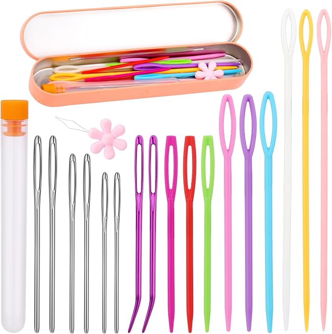 Yarn Needle, Bent Tapestry Needles, Plastic Large Eye Sewing Needles | Darning Needles Large Eye Blunt Needles Crafting Knitting Needles with Storage Box Needle Threader for Knitting Crochet