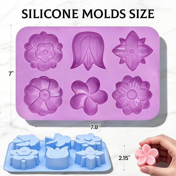 SJ Silicone Molds for Crafts, 2 Pack Tulip and Flower Soap Molds | 6 Cavities with Assorted Blossom Designs, Flexible, Easy-Release for Plaster, Resin, Bath Bombs, Wax and DIY Projects