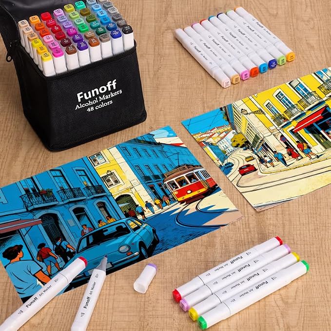 Funoff Alcohol Markers 48 Colors Fine & Chisel Dual Tip Art Marker Set | Permanent Coloring Markers with Carrying Case for Adult Coloring Drawing Sketching Illustration